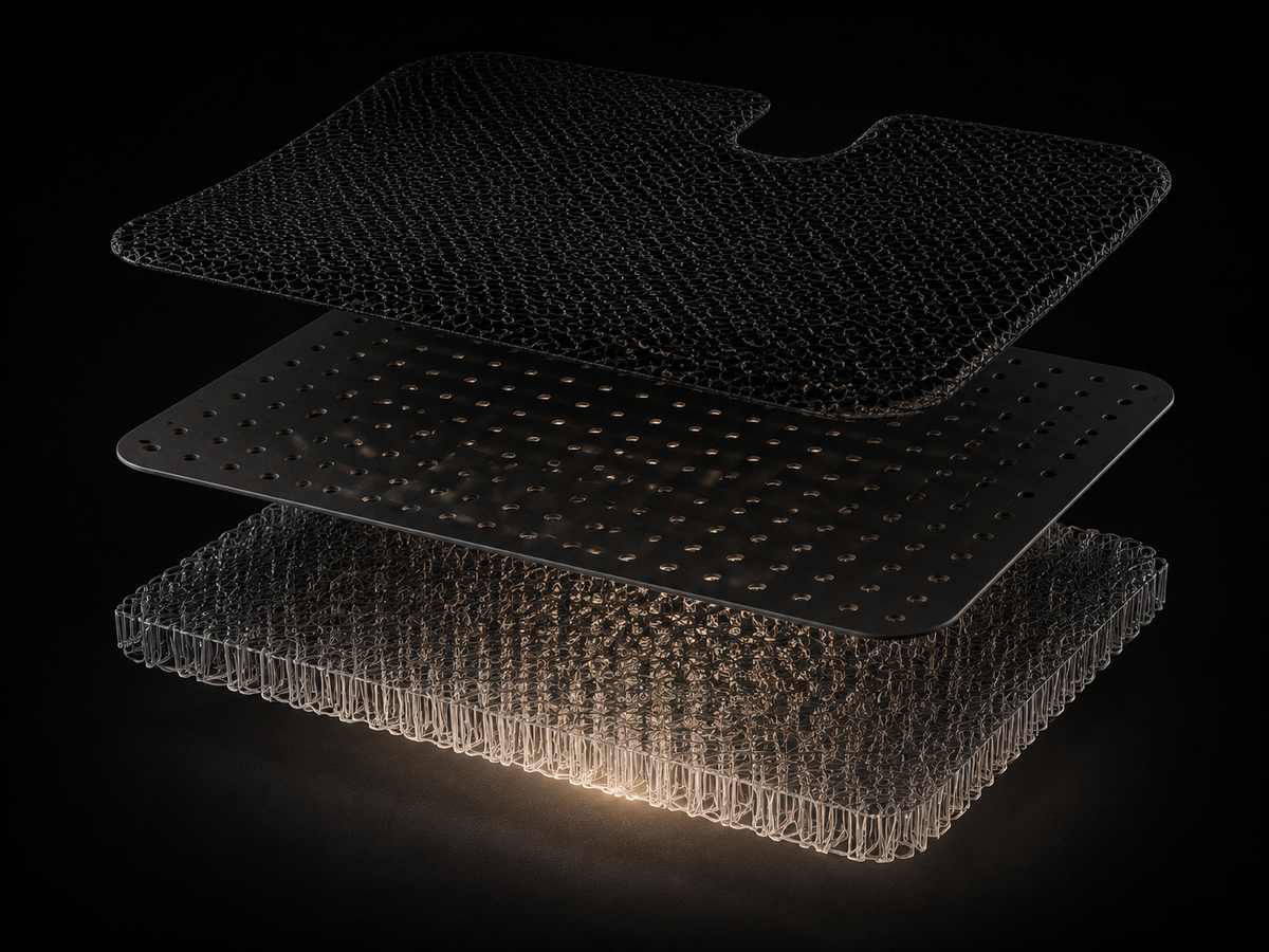 Spacer mesh, perforated diffuser film and warp knit spacer separated to show the air path