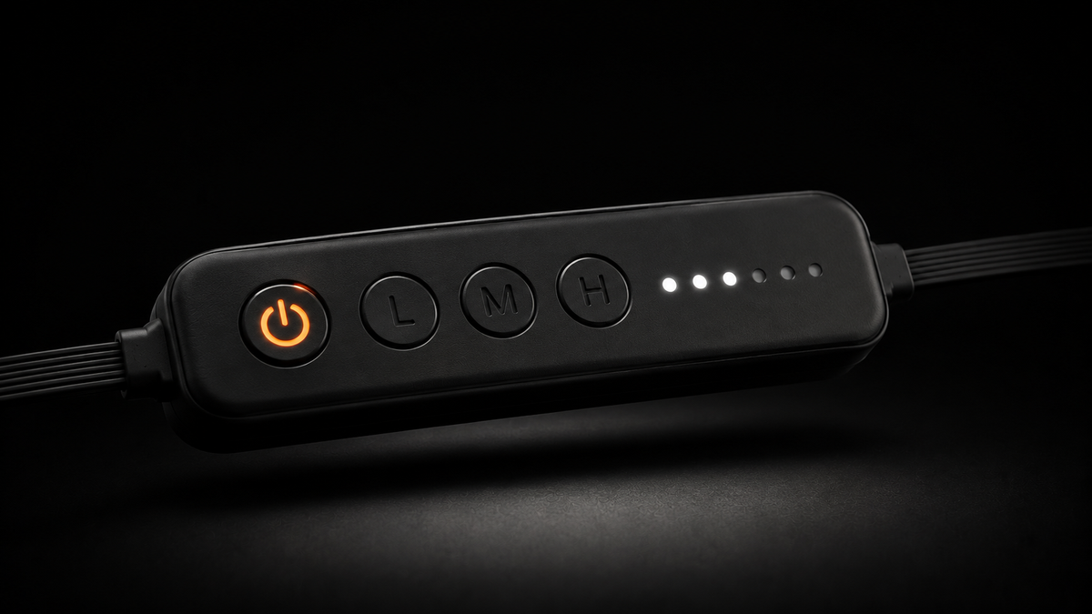 Control pod with illuminated power button, Low, Medium and High, and LED level indicators