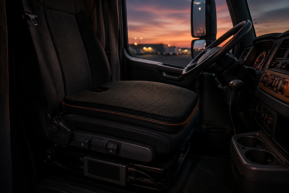 DriverCool fitted to a truck seat at dusk, with the cooling module strapped beneath