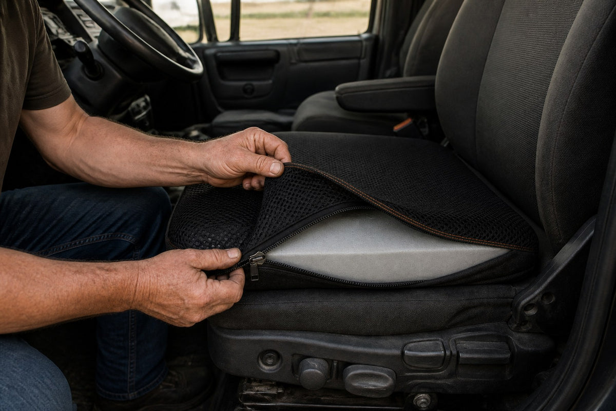 Hands unzipping the DriverCool mesh cover to show the foam core underneath