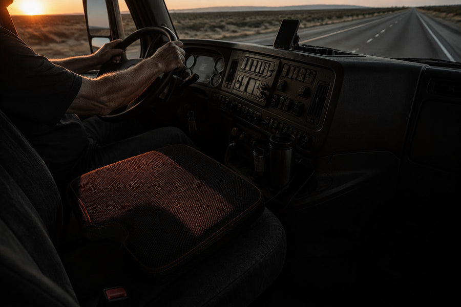 Low sun falling across a truck seat on a long interstate run