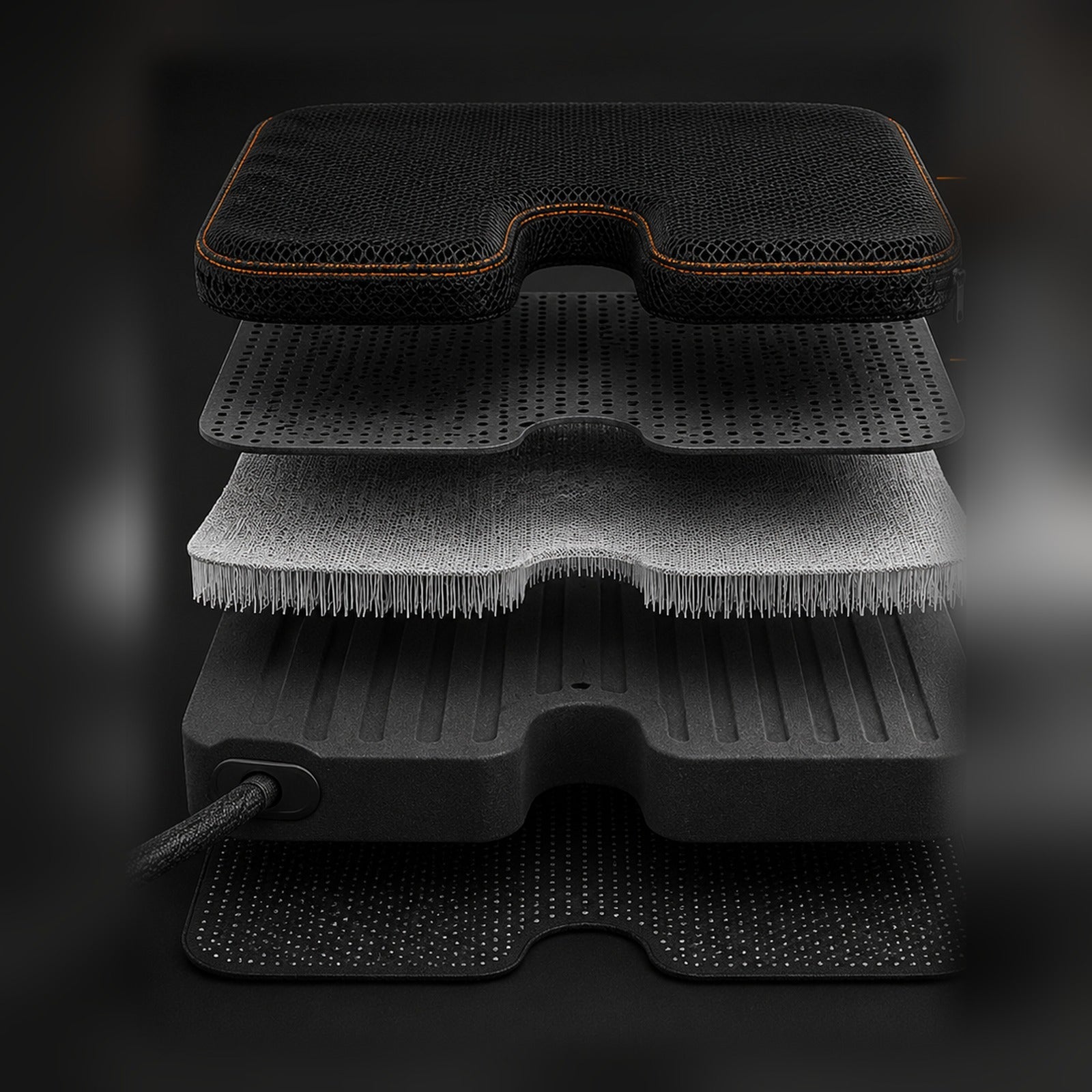 DriverCool exploded five layer construction, mesh cover, diffuser, spacer, support core, non slip base