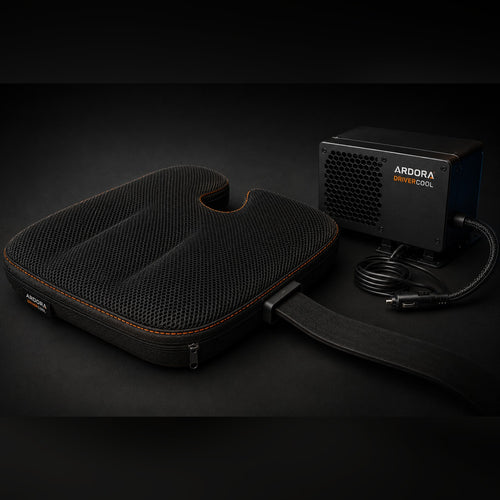 Ardora DriverCool seat cushion with the under seat chiller module, mount strap and 12V plug
