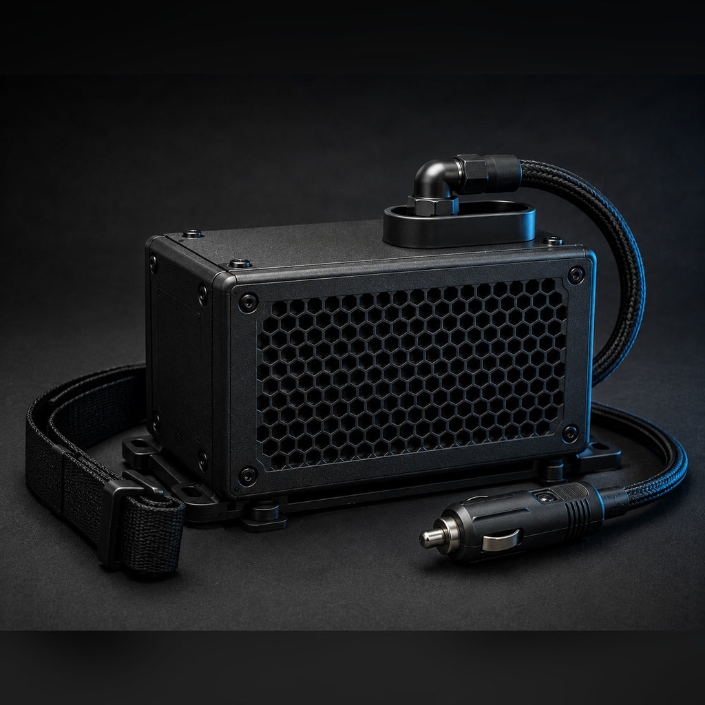 DriverCool under seat chiller module with hexagonal exhaust grille, mount strap and 12V plug