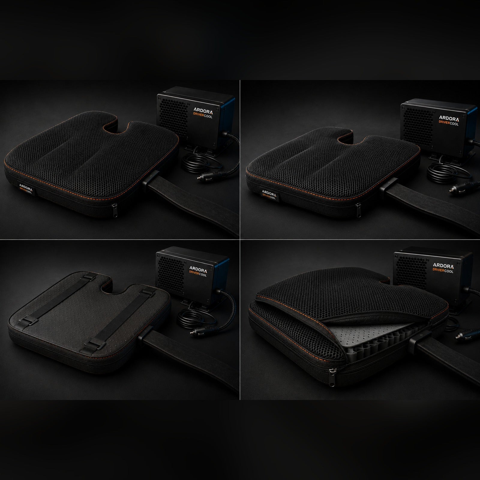 DriverCool cushion and module from four angles including the non slip underside and the mesh cover unzipped
