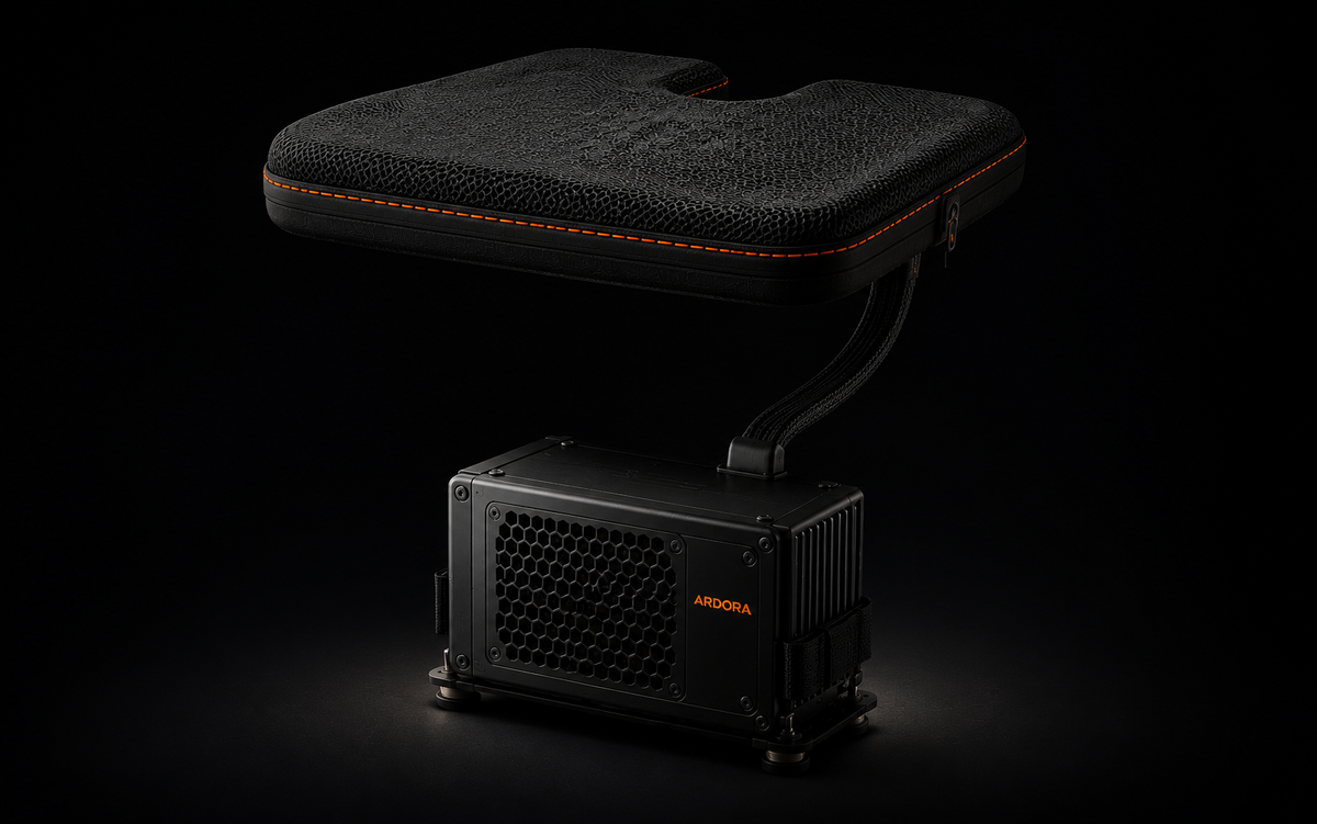 DriverCool cushion floating above the under seat cooling module, joined by one flat braided duct