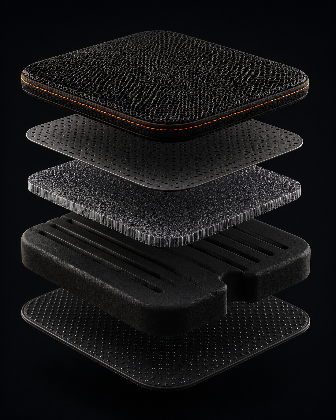 The five cushion layers separated in mid air: spacer mesh cover, perforated diffuser film, warp knit spacer, moulded foam core and silicone dotted base