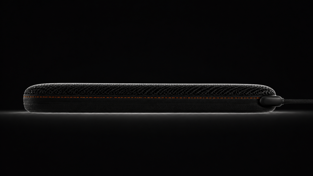 Dead level side profile of the cushion showing how thin it sits, with the duct exiting the rear edge