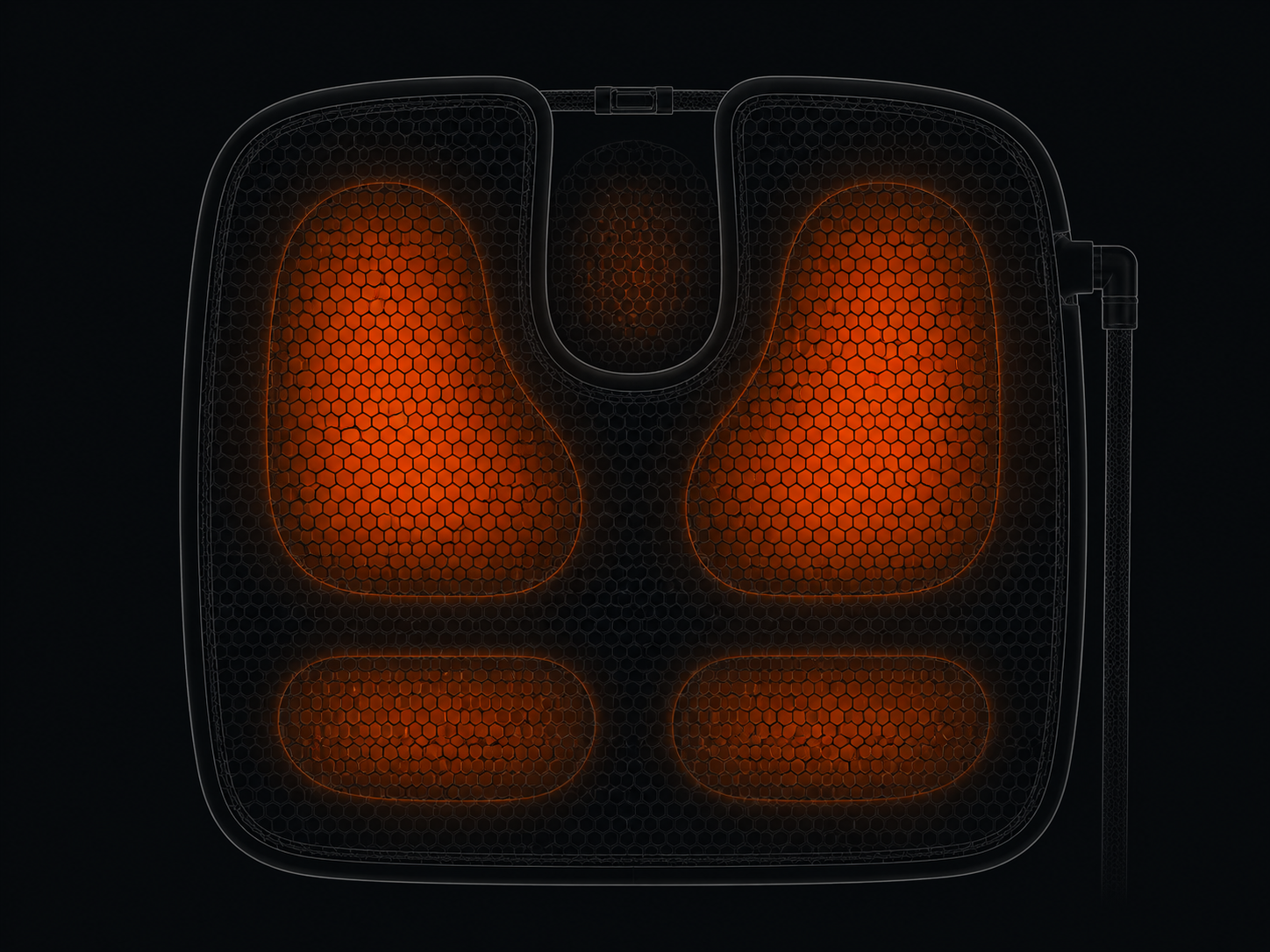 Top down view of the cushion with five airflow zones lit in orange, brightest under the sitting bones and faintest at the tailbone
