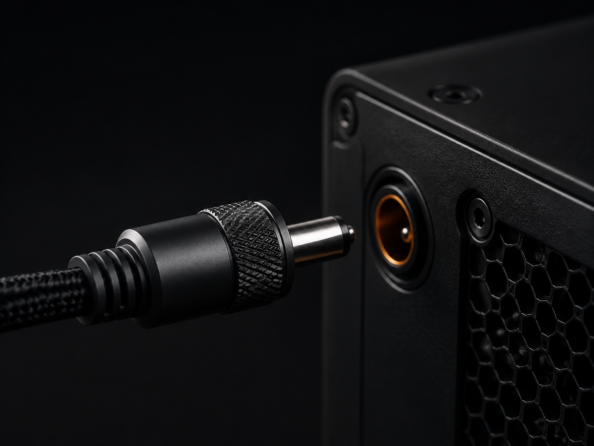 Braided power lead with a knurled plug held just clear of the matching socket on the cooling module, the socket glowing faintly orange