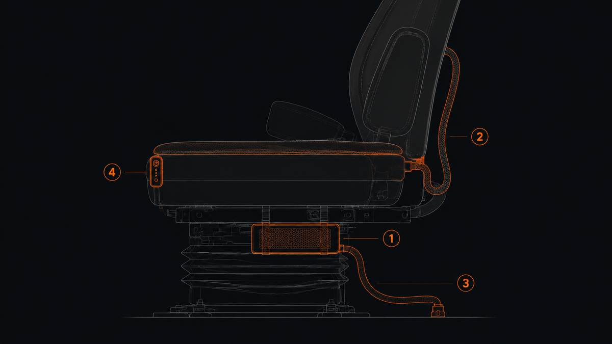 Side cutaway of a truck seat showing the module strapped underneath, the duct behind the seat, the power lead and the control pod