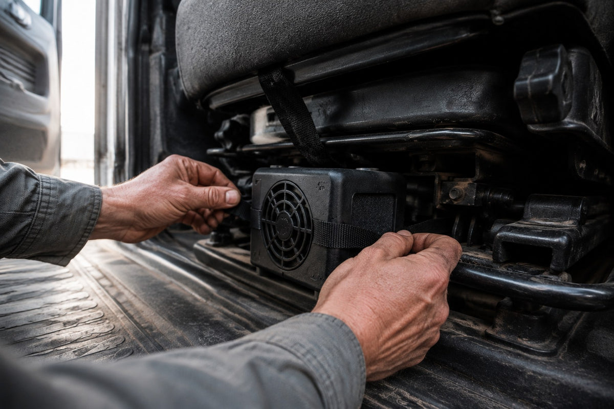 Hands fitting the DriverCool chiller module under a truck seat
