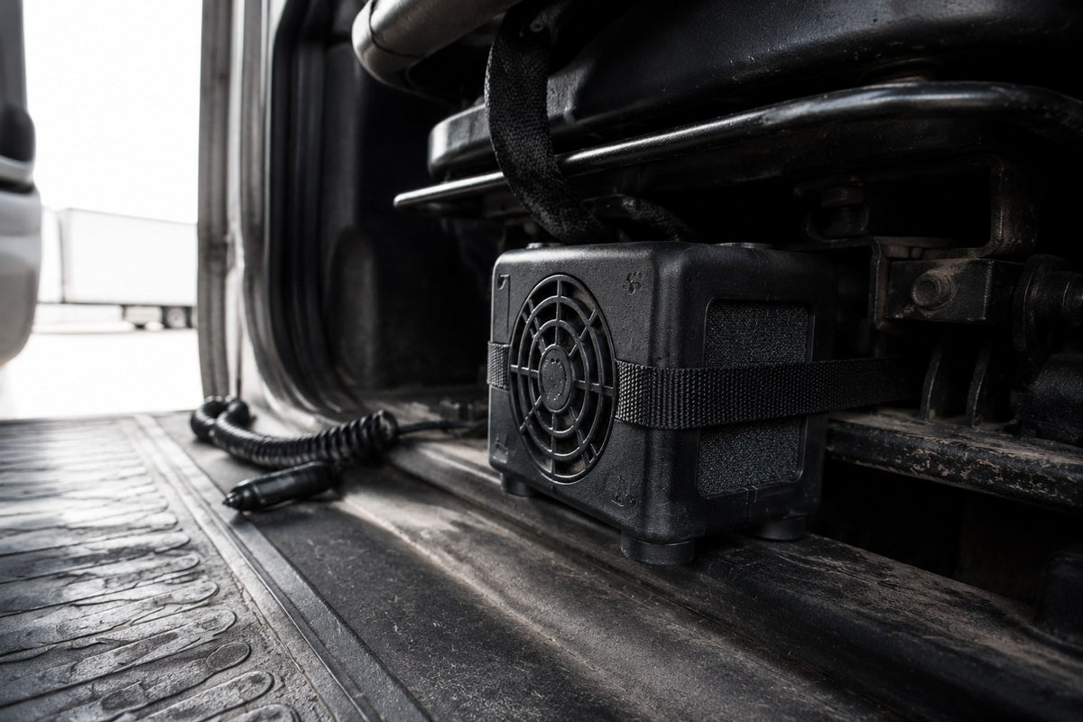 DriverCool chiller module mounted under the seat with its coiled 12V power lead