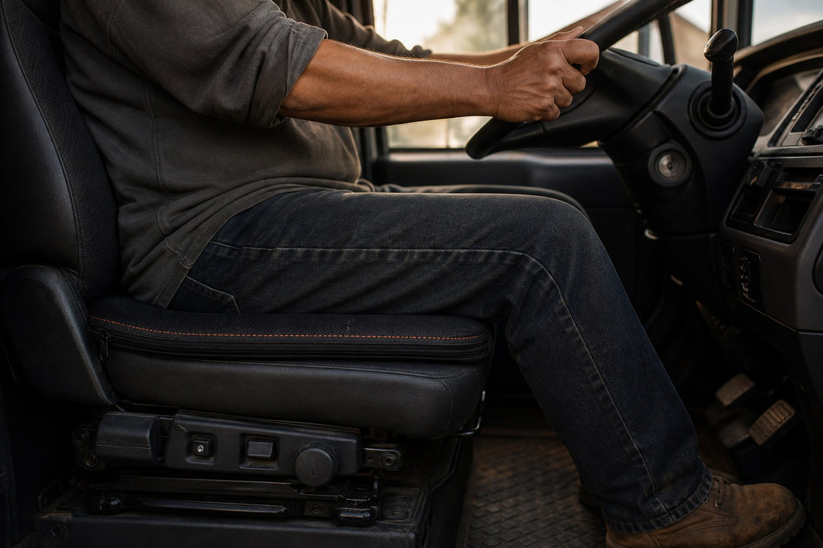 Side view at seat height of a driver sitting on the low profile DriverCool cushion
