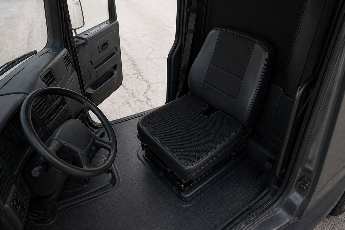 DriverCool cushion sitting on a class-8 truck seat pan seen from the open door