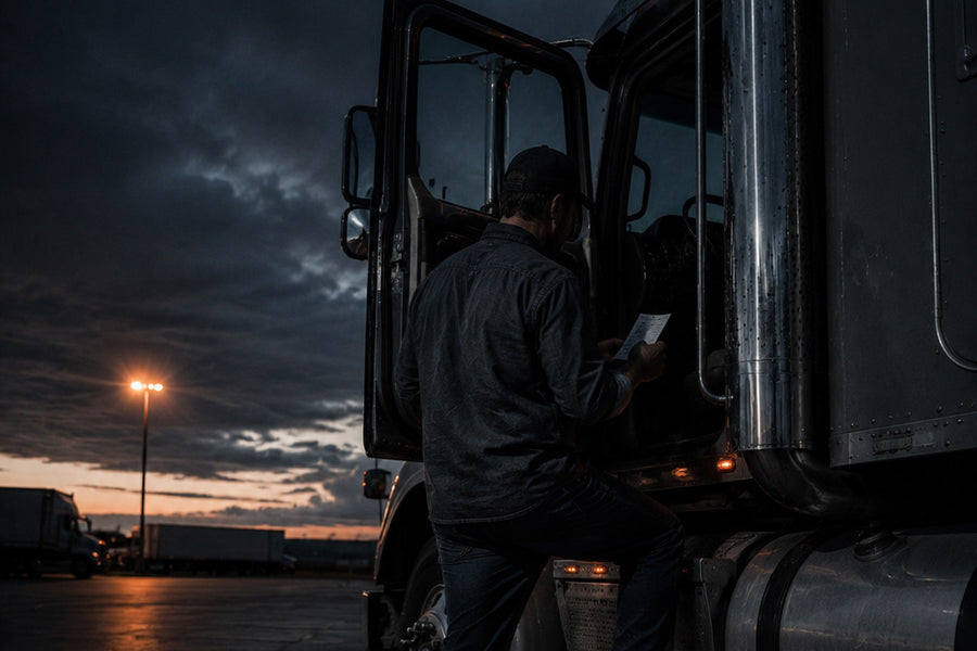 Owner operator reading a fuel receipt at the door of his tractor at dusk