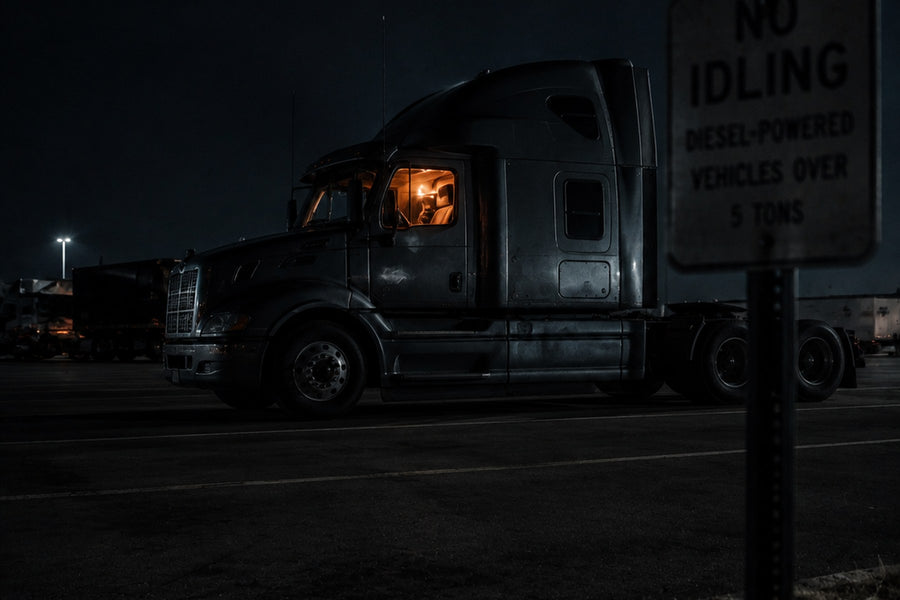 No idling sign beside a parked sleeper cab at night with the interior light on