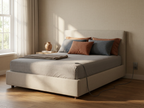 TELLUS grounding sheet fitted on a queen bed in a warm bedroom