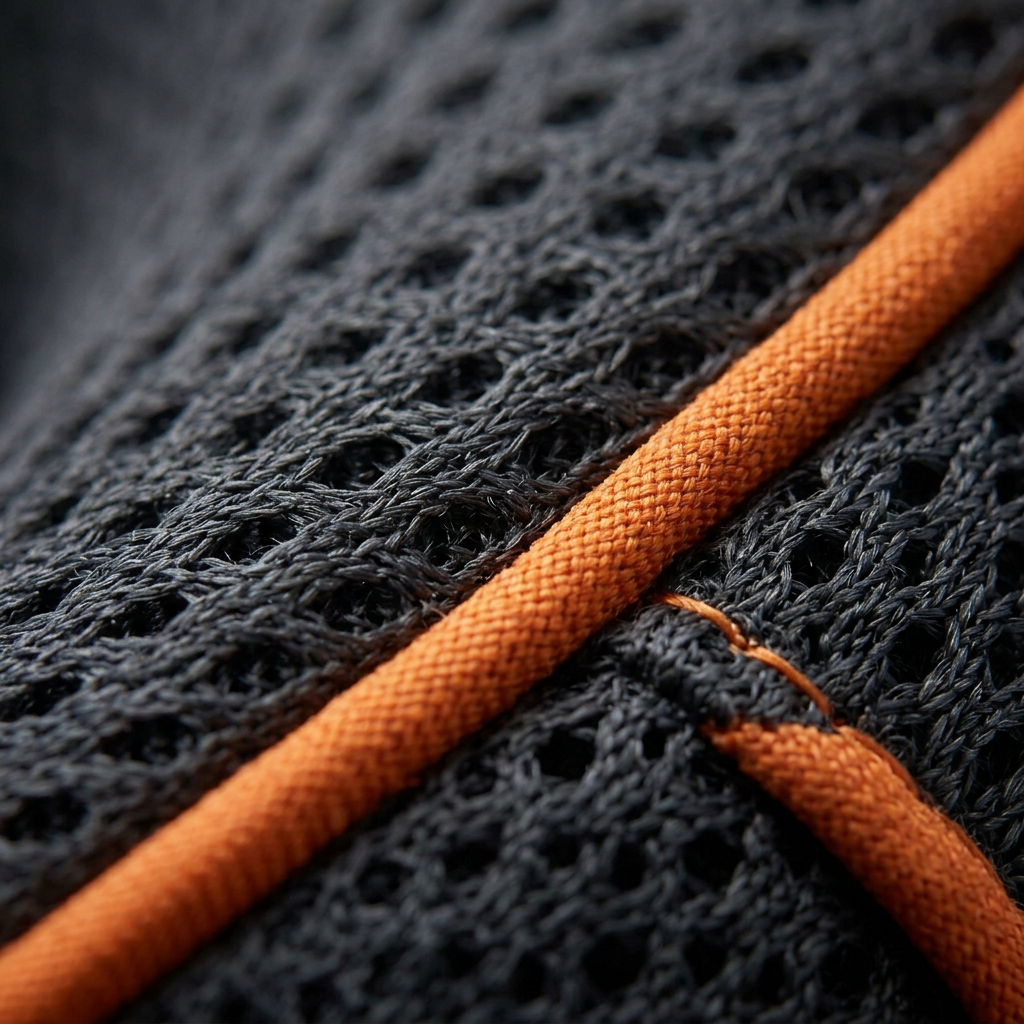 Ardora charcoal knit fabric and orange piping macro