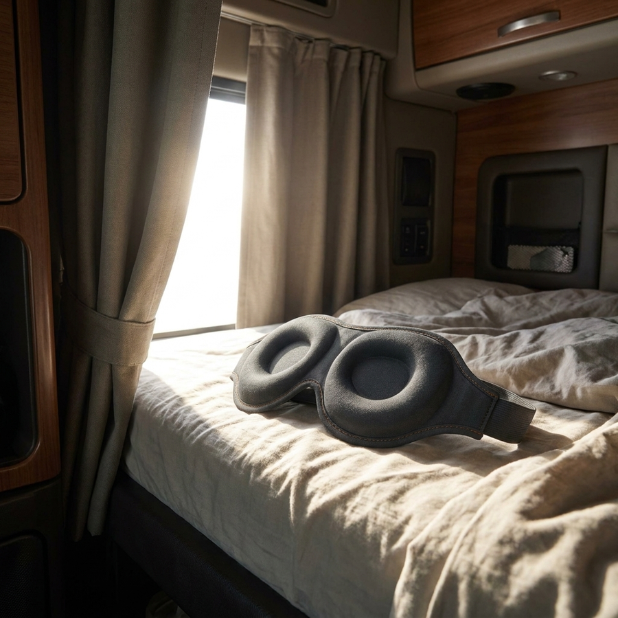 Ardora Blackout sleep mask on a truck sleeper bunk